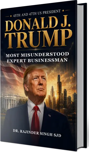 Donald J. Trump by Dr. Rajinder Singh SJD, shown as a hardcover book