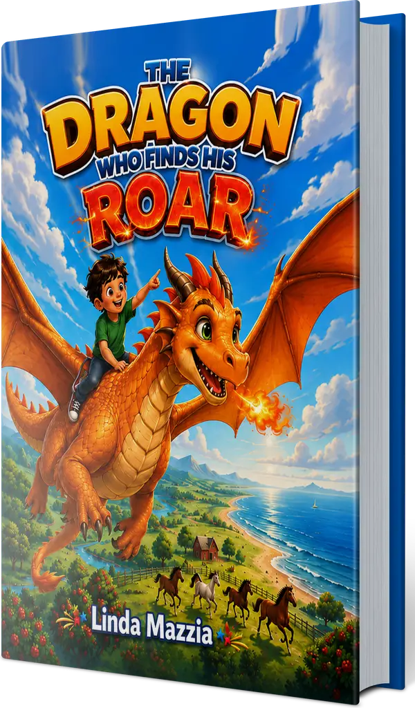 The Dragon Who Finds His Roar by Linda Mazzia, shown as a hardcover book