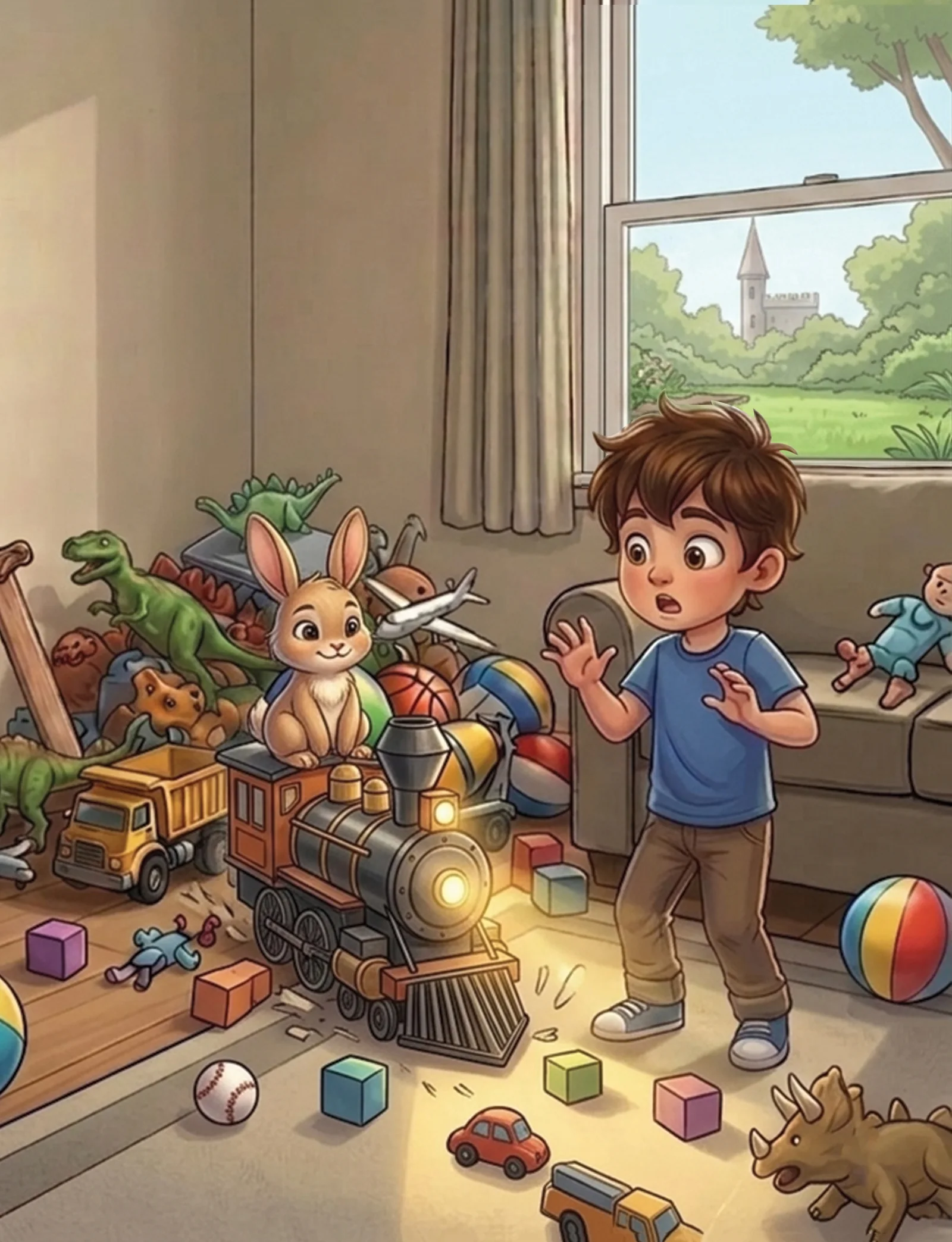 Children’s book illustration: a surprised young boy in a playroom full of toys, looking at a rabbit sitting on a toy steam train
