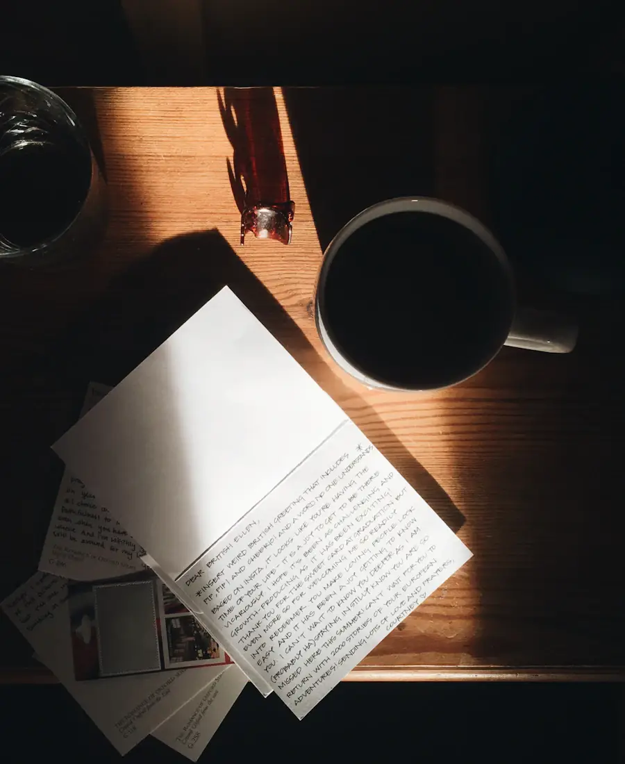 A handwritten note on a desk under lamplight