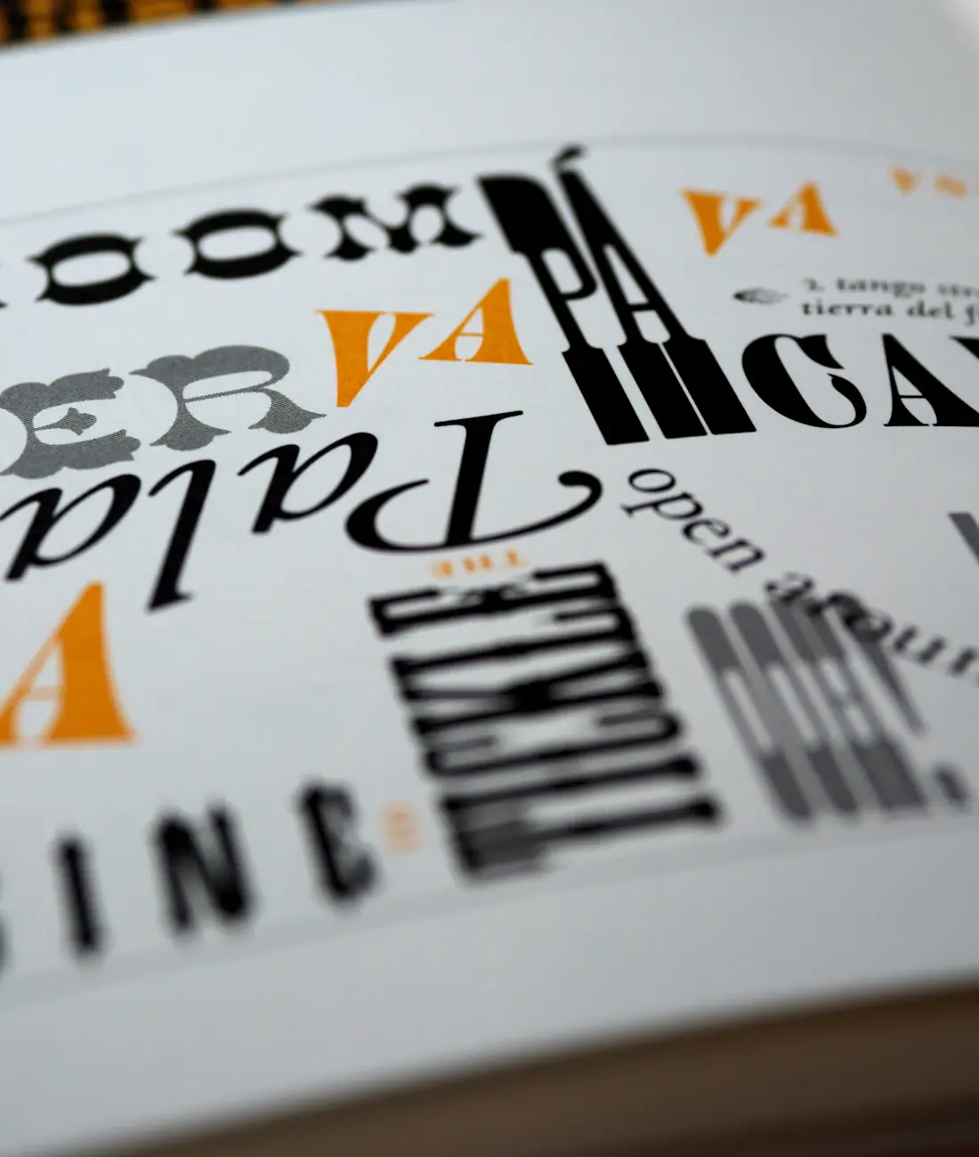 Open pages of a typeset book showing a range of typefaces