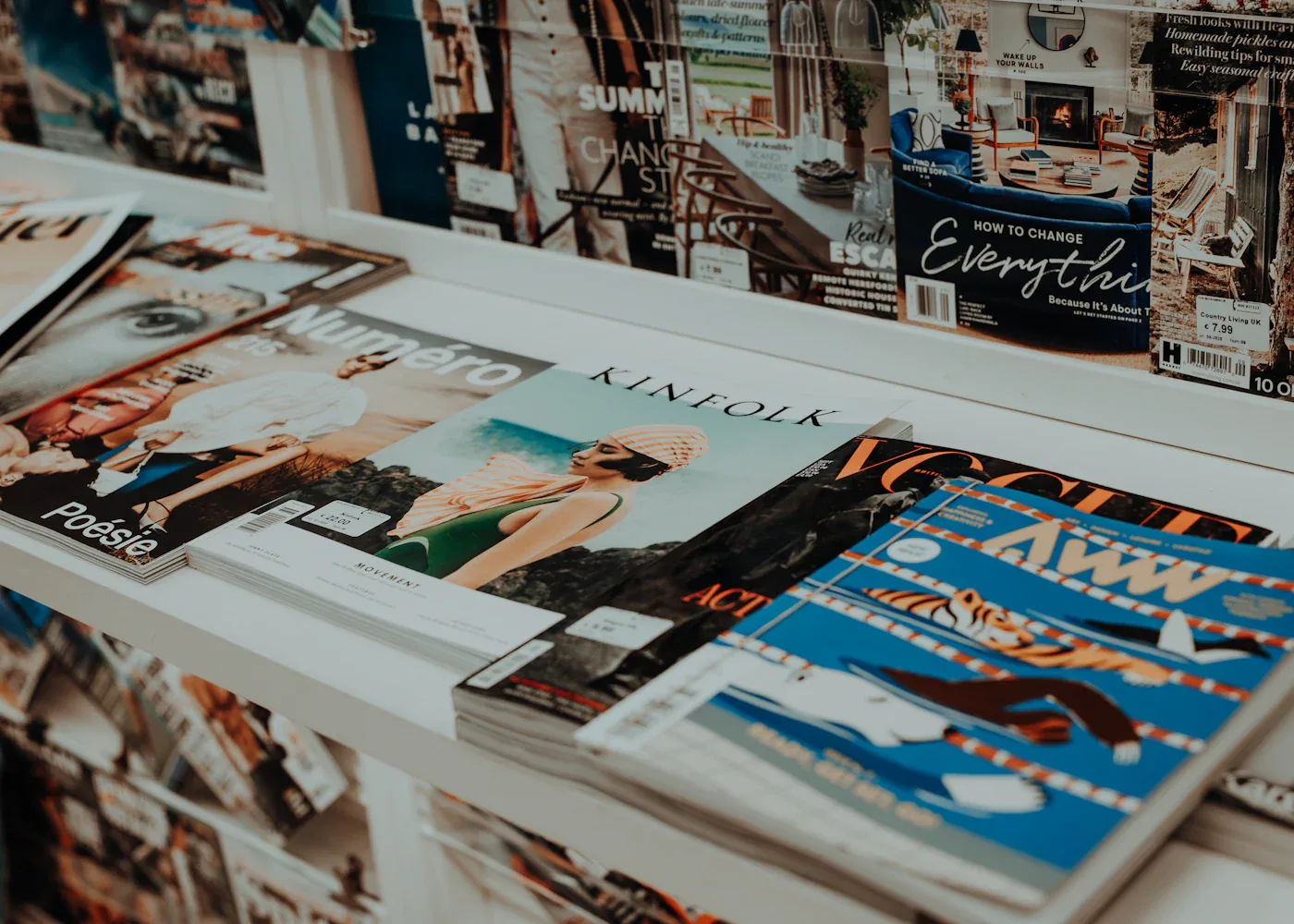 Magazines displayed on a news-stand shelf