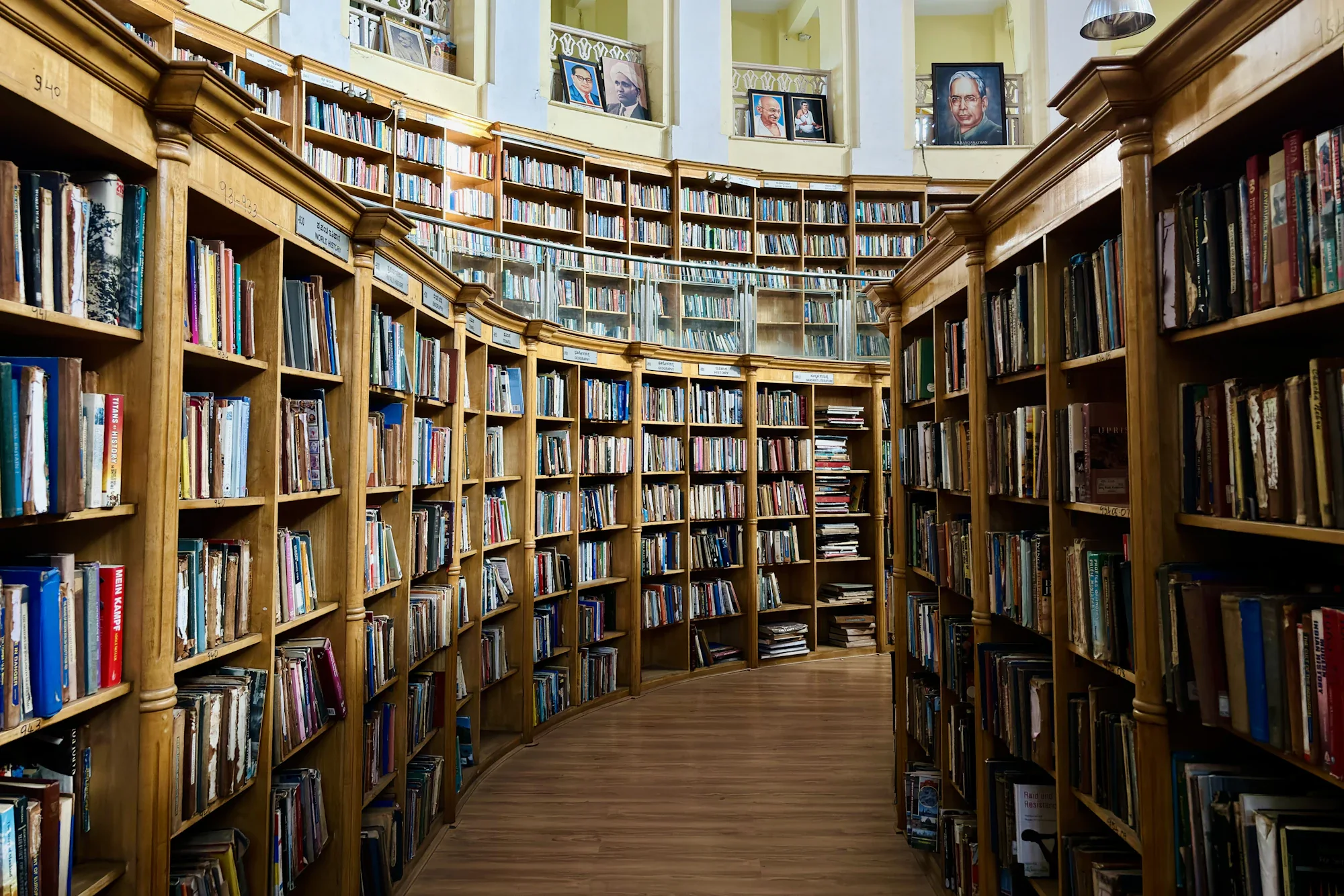 Long rows of bookshelves in a library