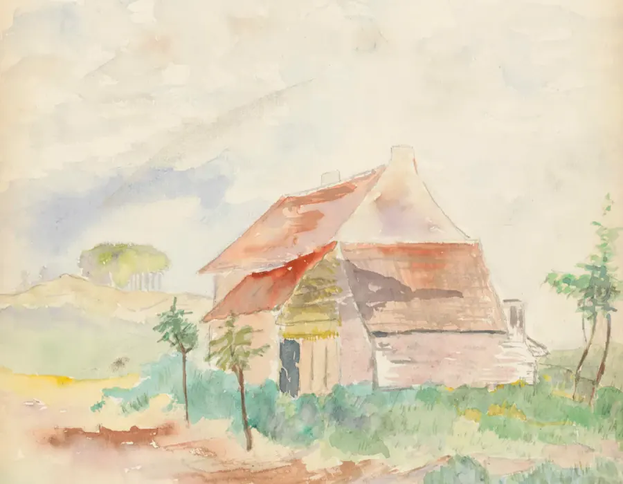 The barn in late light, watercolour and pencil