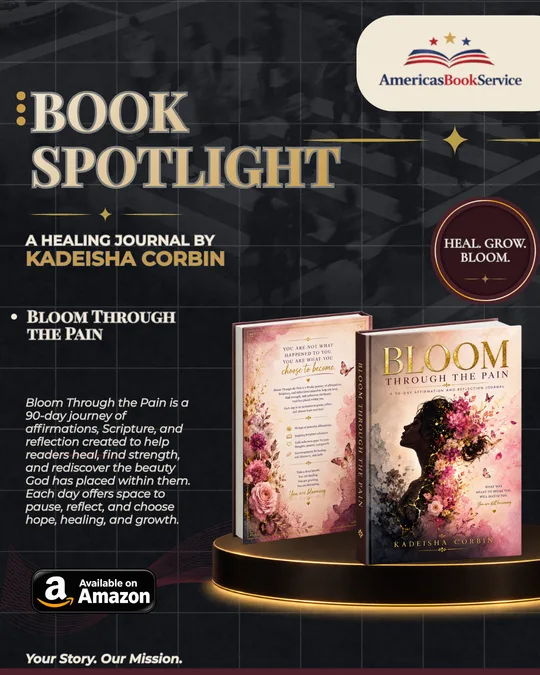 Book Spotlight graphic for Bloom Through the Pain by Kadeisha Corbin, with the book shown on a pedestal and an Available on Amazon badge