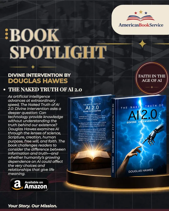 Book Spotlight graphic for The Naked Truth of AI 2.0 by Douglas Hawes, with the book shown on a pedestal and an Available on Amazon badge